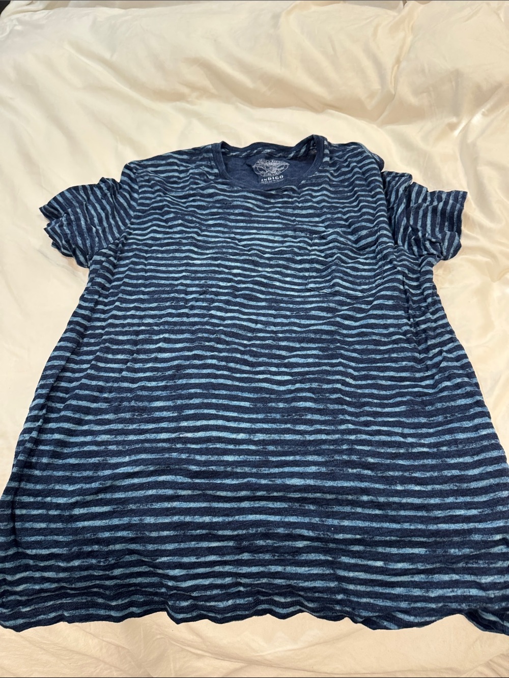 Wallace & Barnes Men's Navy and Light Blue Indigo Striped Crew Neck Shirt
